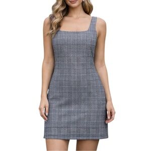 Popular Basics Plaid Mini Dress Sleeveless Square Neck Preppy Chic L